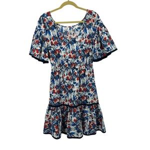 Milly New York Dress Sz 6 Red Navy Blue Floral Flutter Sleeve Ruffle Hem 💚
